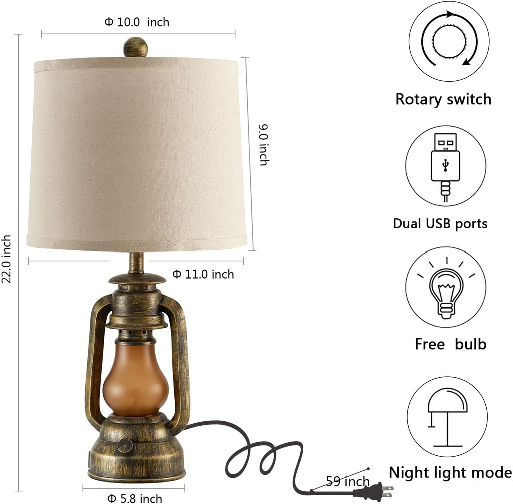 Set of 2 Farmhouse Lantern Table Lamps for Living Room with 2 USB Charging Ports, Rustic Vintage Nightstand Lamps with Nightlight for Bedroom End Table Entryway, 4 Bulb Included