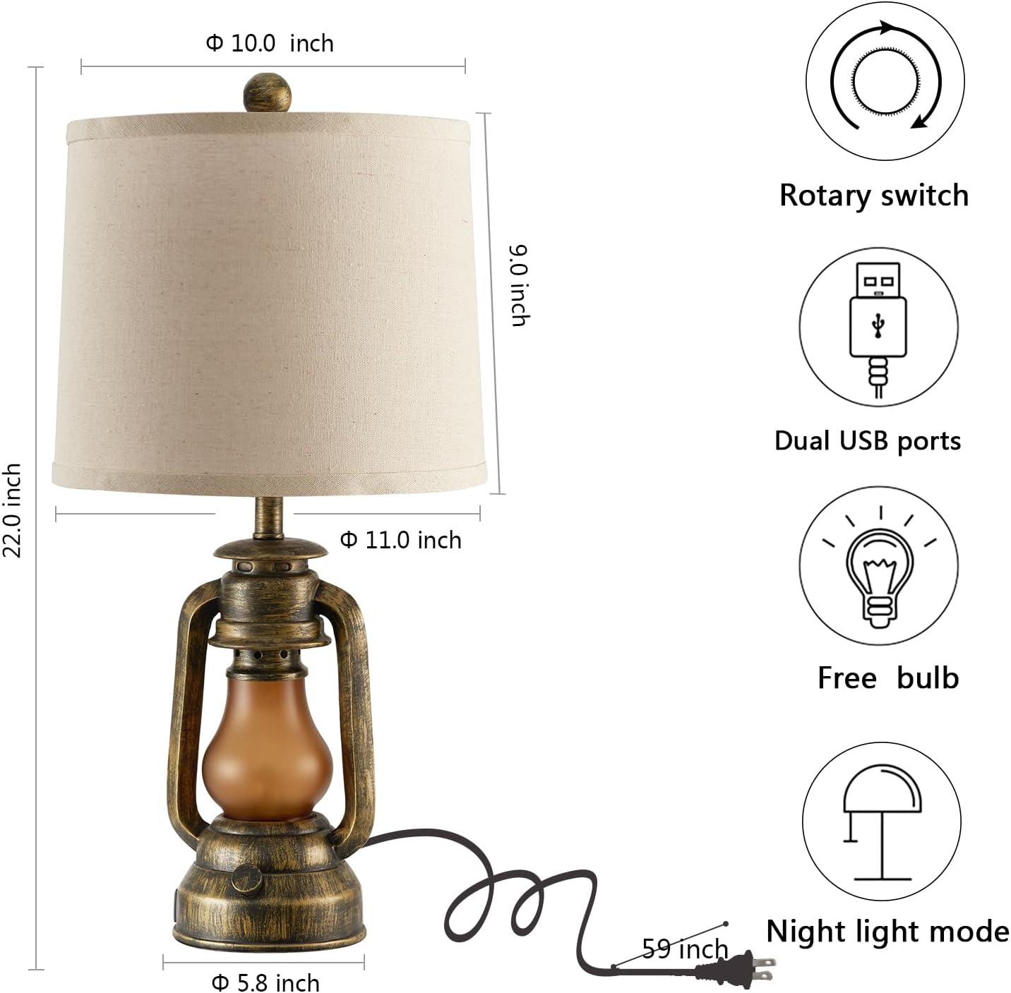 Set of 2 Farmhouse Lantern Table Lamps for Living Room with 2 USB Charging Ports, Rustic Vintage Nightstand Lamps with Nightlight for Bedroom End Table Entryway, 4 Bulb Included
