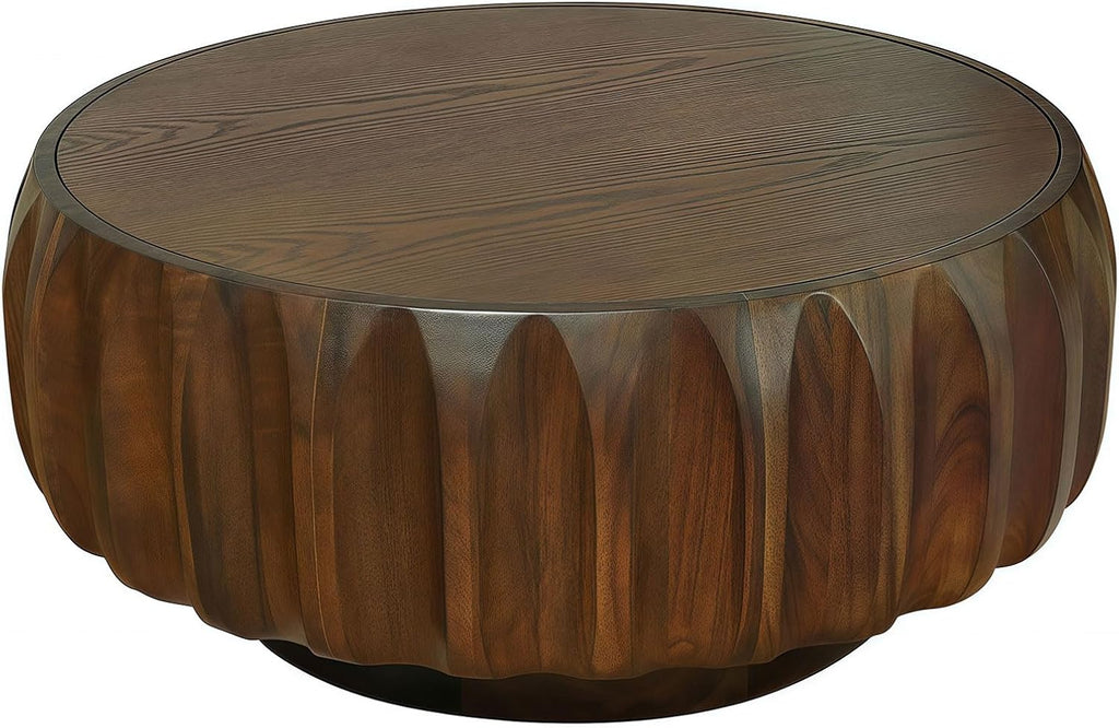 31.5'' Walnut Round Wood Coffee Table for Living Room, Modern Contemporary Circle Fluted Drum Pedestal Coffee Table, Natural Wood Grain & Easy Assembly, Walnut