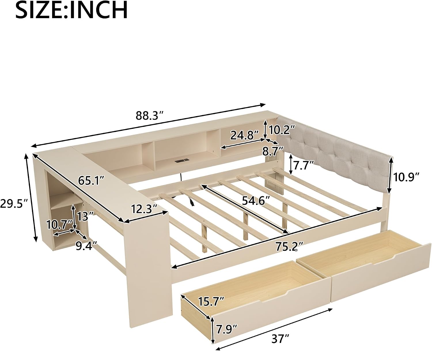 Bellemave Full Size Corner Bed Frame with Storage Drawers and Desk,Captain Daybed with L-Shaped Bookcase,Corner Bed Frame Full Size with Charging Station for Kids,Teens,Guests,Cream