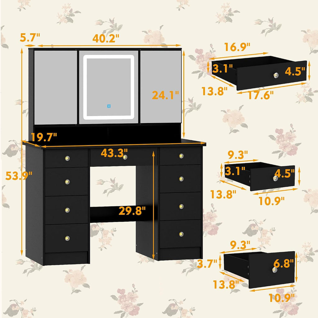 Timechee Vanity Mirror with Lights, Corner Vanity Desk with 9 Storage Drawers, 4 Large Shelves, 3 Color Lighting Options, Makeup Table Desk with Mirror for Bedroom, Restroom, Black