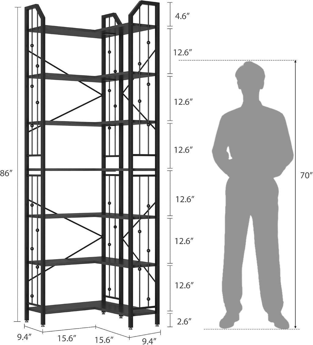 GarveeHome Corner Bookshelf 86' l Shaped Bookcase, Corner Bookshelves Black Bookcase 7 Tier l-Shape Bookshelf, Large Bookcases with Beaded Design Tall Display Rack Shelf for Living Room Bedroom