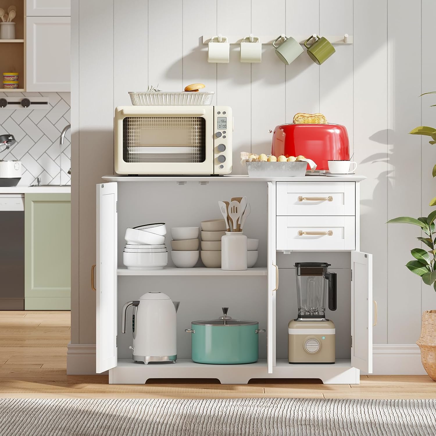 Giantex Sideboard Buffet Cabinet, Modern White Sideboard Cabinet with 2 Drawers, 3 Doors & Adjustable Shelf, Wooden Coffee Station, 40'' Storage Buffet Table for Kitchen, Living Room, Entryway