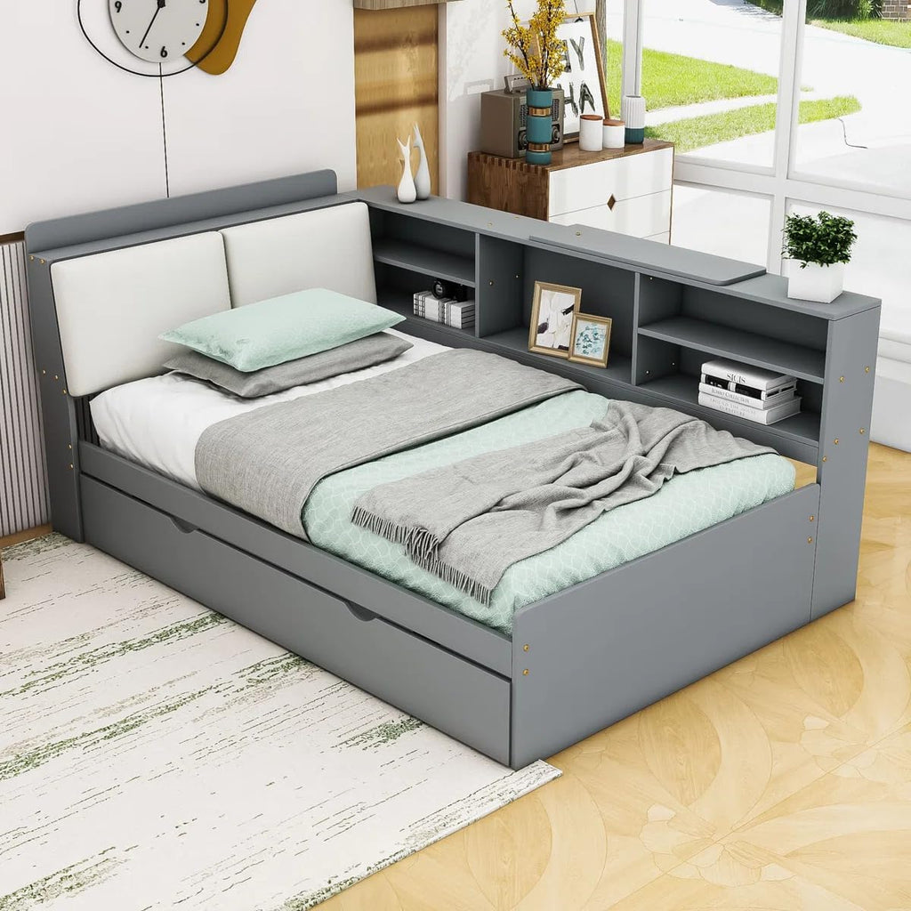 Full Size Bed with Storage Headboard, Full Daybed with Trundle and L-Shaped Shelves, Solid Wood Corner Platform Bed Frame with Storage for Apartment Bedroom, Grey