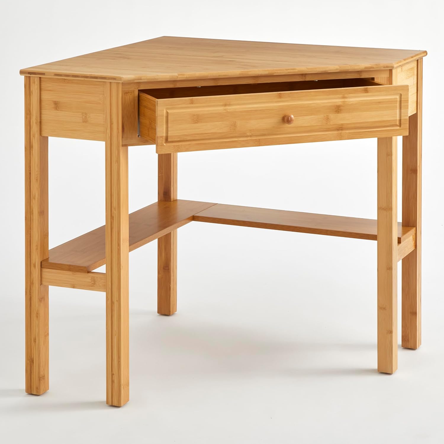 Ellen Bamboo Wood Small Corner Desk with Storage Drawer and Shelf – Compact Computer Table for Home Office, Bedroom, or Study, Bamboo Natural Finish