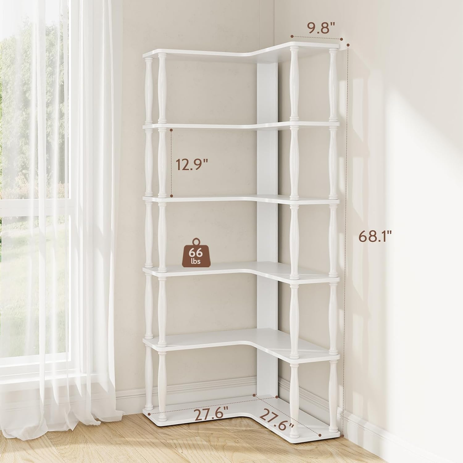 6 Tier Corner Bookshelf, L Shaped Bookcase with Solid Wood Posts,Vintage American Display Shelf for Home Office, Living Room, Bedroom, Kitchen