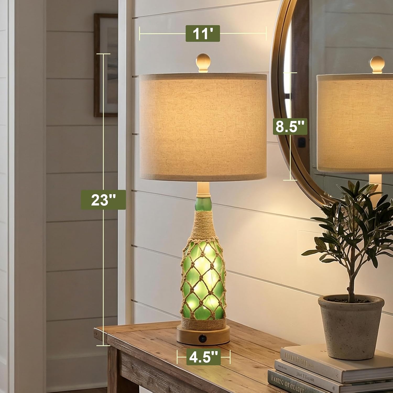 OYEARS 23'' Boho Table Lamps with Night Light for Living Room, Bedside Lamps Set of 2 with A+C Charging Ports for Bedroom, Farmhouse USB Lamps for Nightstand Console, Glass Bottle Rope Base, Green