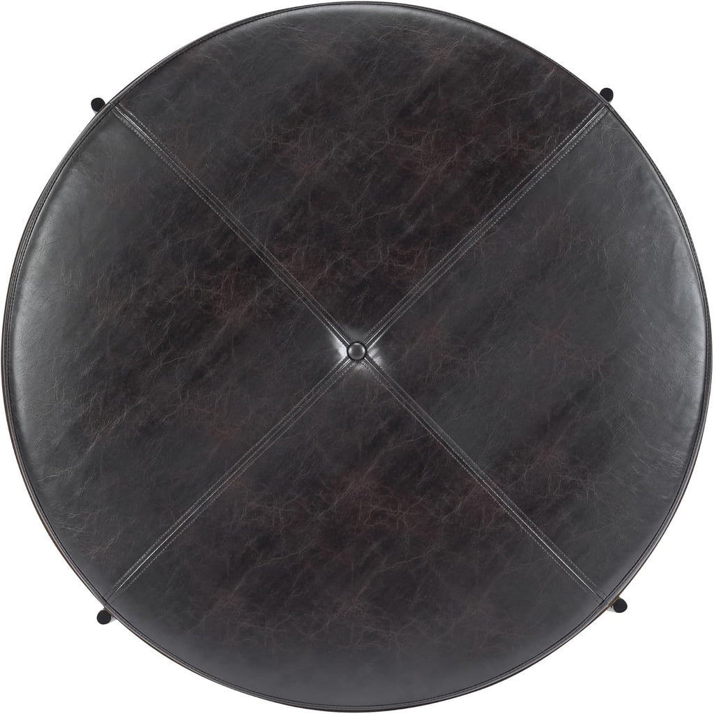 Christopher Knight Home Neapo Modern Round Ottoman Coffee Table, Faux Leather Cocktail Ottoman for Living Room Sofa, Entryway Comfortable Footstool, Durable Metal Frame Ottoman Foot Rest, Dark Brown