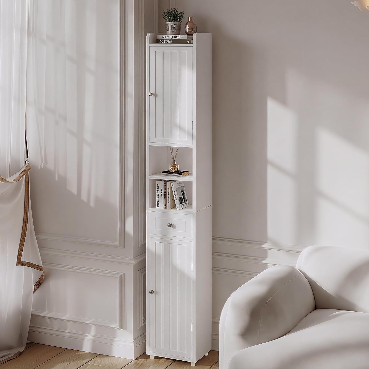 ChooChoo Bathroom Storage Cabinet with Adjustable Shelves, Tall Storage Cabinet with 2 Doors and 1 Drawer, Freestanding Cupboard for Small Spaces, White, 11.8 Inches Wide