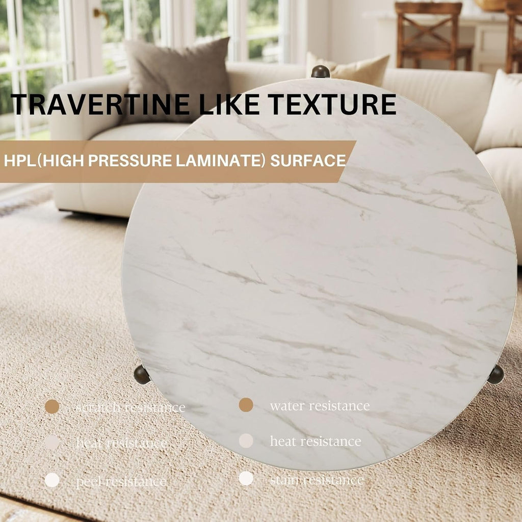Travertine Texture Coffee Table 31.5 inch Modern Faux Marble Coffee Table Low Circle Center Table for Living Room Round Accent Table with Three-Legs for Apartment, White