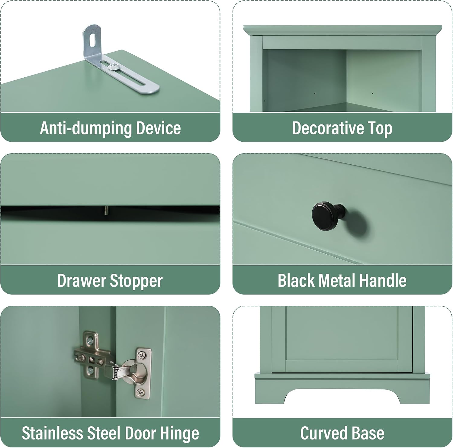 Triangle Tall Bathroom Storage Cabinet, Corner Storage Cabinet | with 3 Drawers, 1 Cabinet & Adjustable Shelves for Bathroom Kitchen Living Room (Green, 23'W x 13.4'D x 68.9'H)