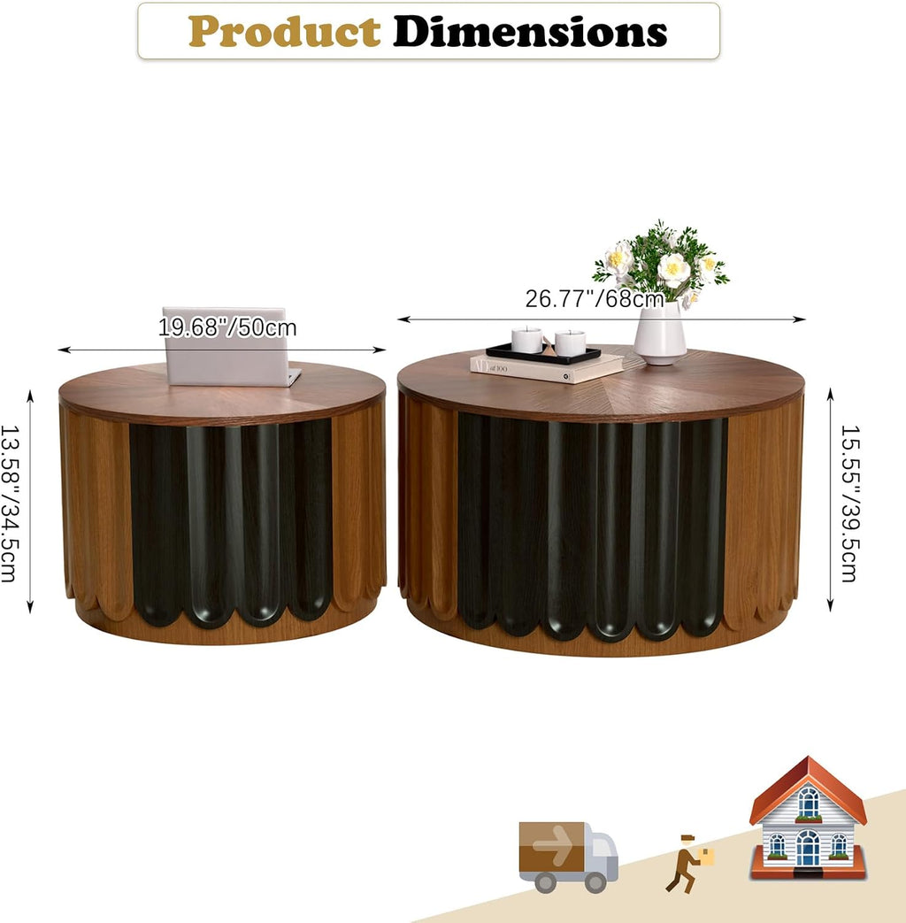 Round Nesting Coffee Table Set of 2 Wooden Round Fluted Coffee Tables with Storage, Modern Drum Side End Table Wooden Circle Accent Side Table for Living Room Bedroom, No Assembly (Brown 26.8'+19.7')