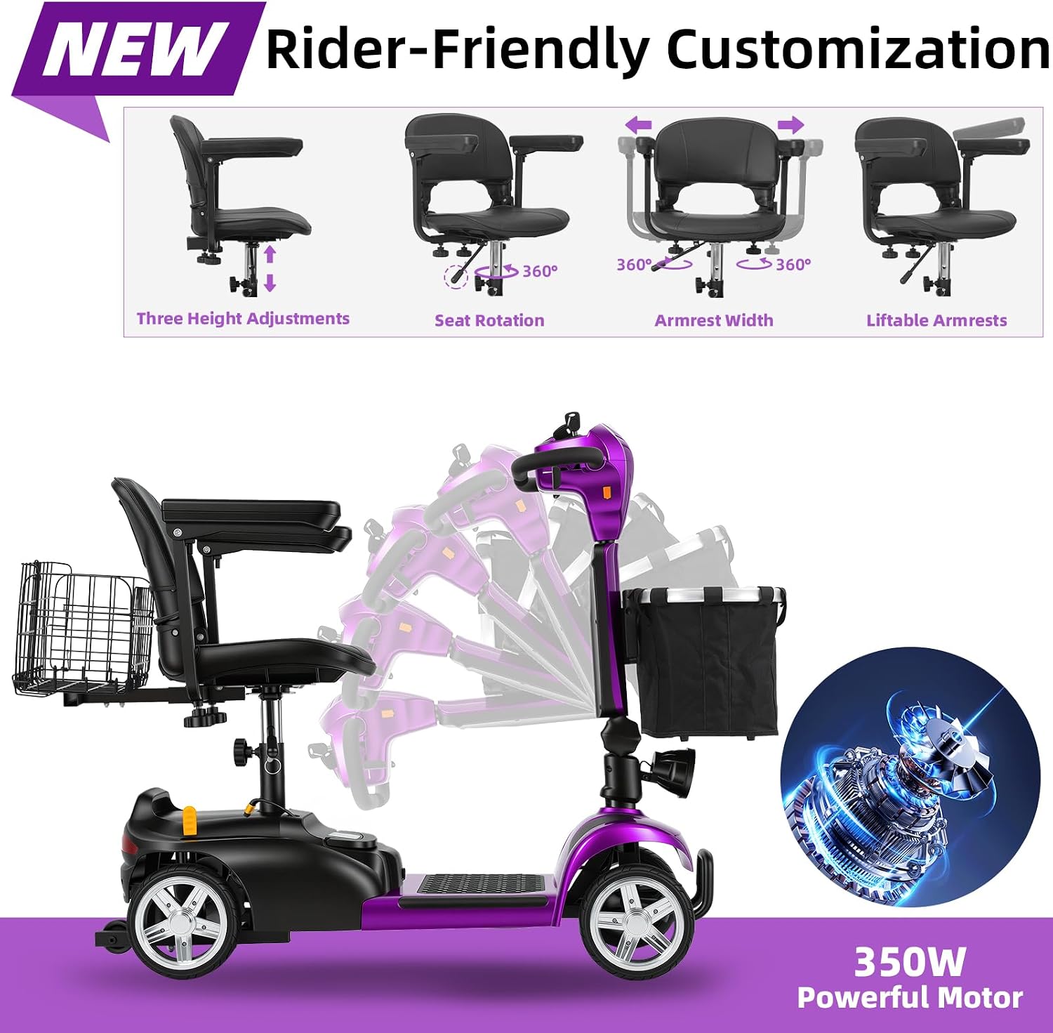 20 Miles 4 Wheels Mobility Scooter for Seniors/Adults Up to 300LBS,350W Electric Wheelchair Detachable Lithium Battery,Dual Baskets,Rotating Seat,with Taillight, USB Charging, Purple