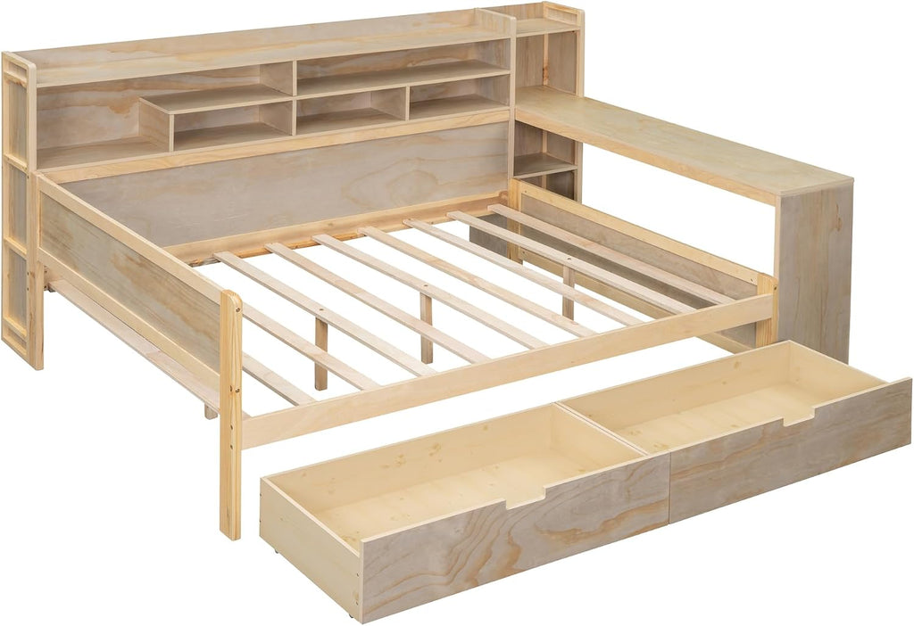 SOFTSEA Full Size Daybed with Storage Bookcase & Drawers, Wood Daybed with Study Desk and Storage Shelves for Kids Teens Adults, Full Corner Bed Frame with Storage Headboard, Antique Natural