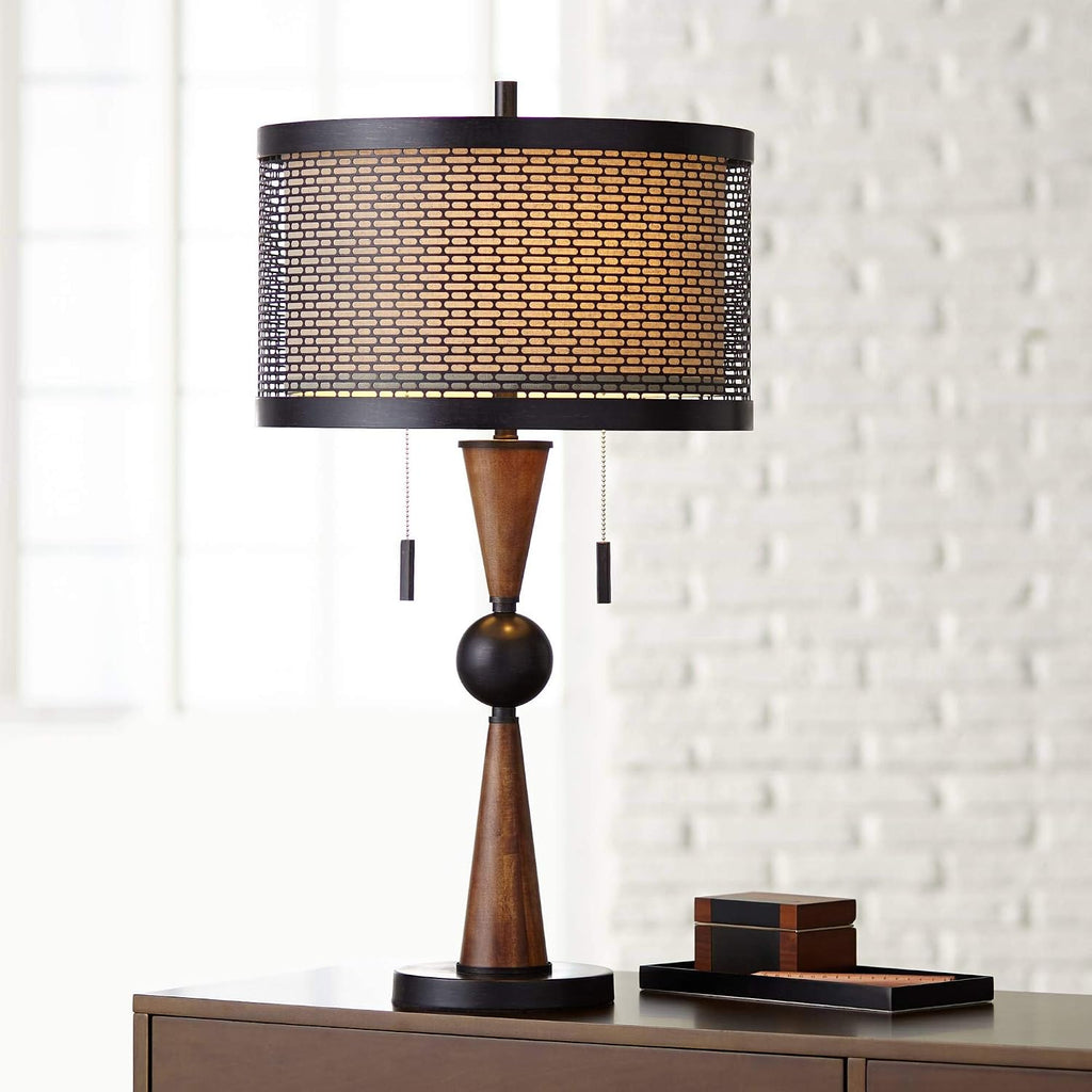 Franklin Iron Works Hunter Rustic Farmhouse Table Lamp 29 3/4' Tall Cherry Wood Bronze Metal Outer Tan Fabric Inner Drum Shade for Bedroom Living Room House Home Bedside Nightstand Office Family