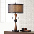 Franklin Iron Works Hunter Rustic Farmhouse Table Lamp 29 3/4' Tall Cherry Wood Bronze Metal Outer Tan Fabric Inner Drum Shade for Bedroom Living Room House Home Bedside Nightstand Office Family