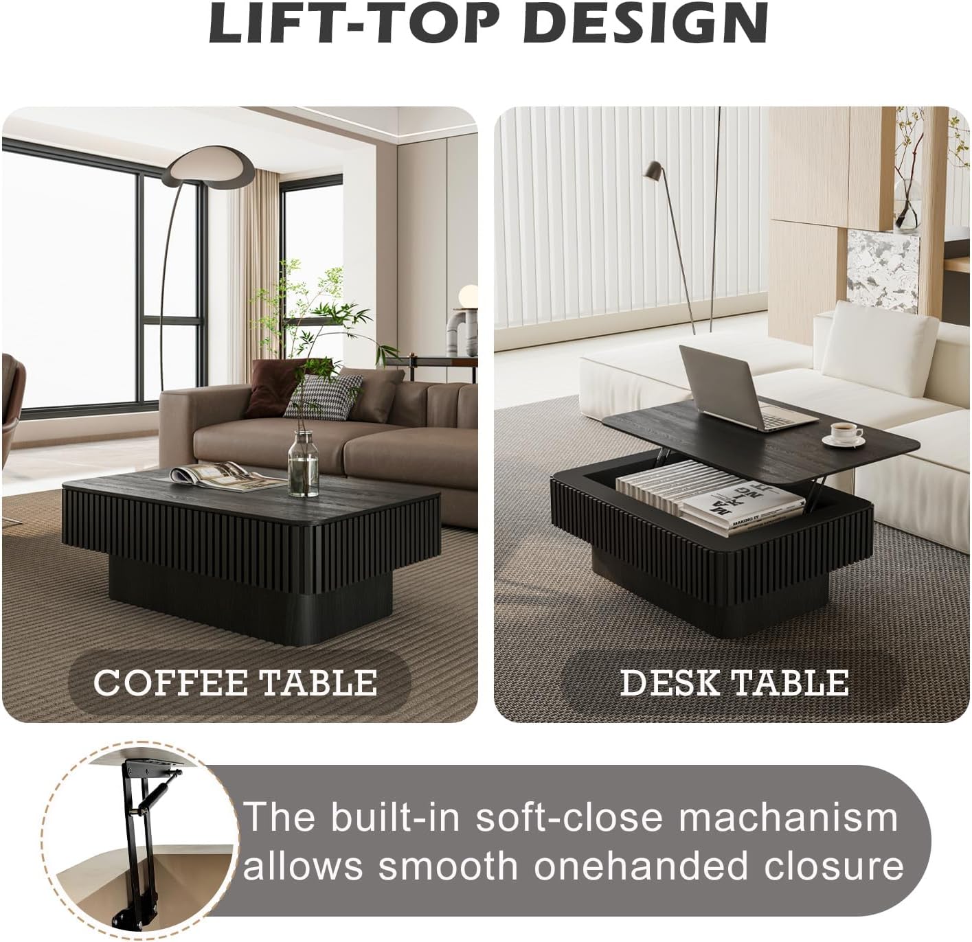 Lift Top Coffee Table with Storage, Solid Wood Coffee Table with Adjustable Height, Fluted Center Table Accent Tea Table for Living Room, Apartment, Office (38.6' Black)