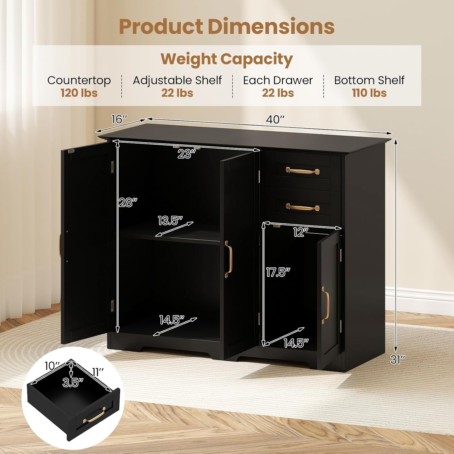 Giantex Sideboard Buffet Cabinet, Modern Sideboard Cabinet with 2 Drawers, 3 Doors & Adjustable Shelf, Wooden Coffee Station, 40'' Storage Buffet Table for Kitchen, Living Room, Entryway, Black