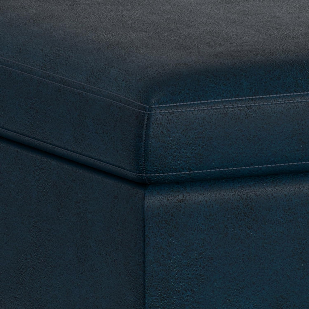 SIMPLIHOME Owen Square Coffee Table Storage Ottoman - 36 inch Wide Upholstered Vegan Leather Lift-Top Ottoman in Distressed Dark Blue, Mid-Century Modern Ottoman for Living Room with Tufted Detail