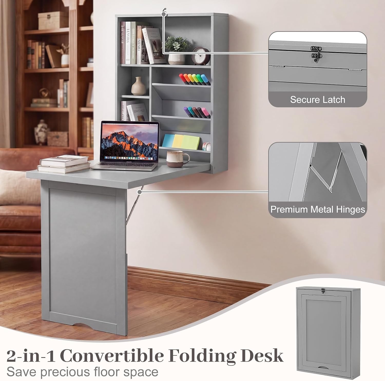 Tangkula Folding Wall Mounted Desk, Convertible Fold Out Floating Table with Storage Shelves, Space-Saving Drop Leaf Table, Murphy Desk for Craft, Study, Small Spaces, Home Office, Dorm, Grey