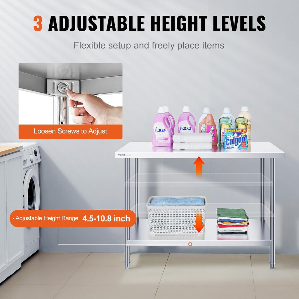 VEVOR Stainless Steel Prep Table, 24 x 48 x 34 Inch, 800 lbs Load Capacity, Heavy Duty Metal Worktable with 3 Adjustable Height Levels, Commercial Workstation for Kitchen Garage Restaurant Backyard