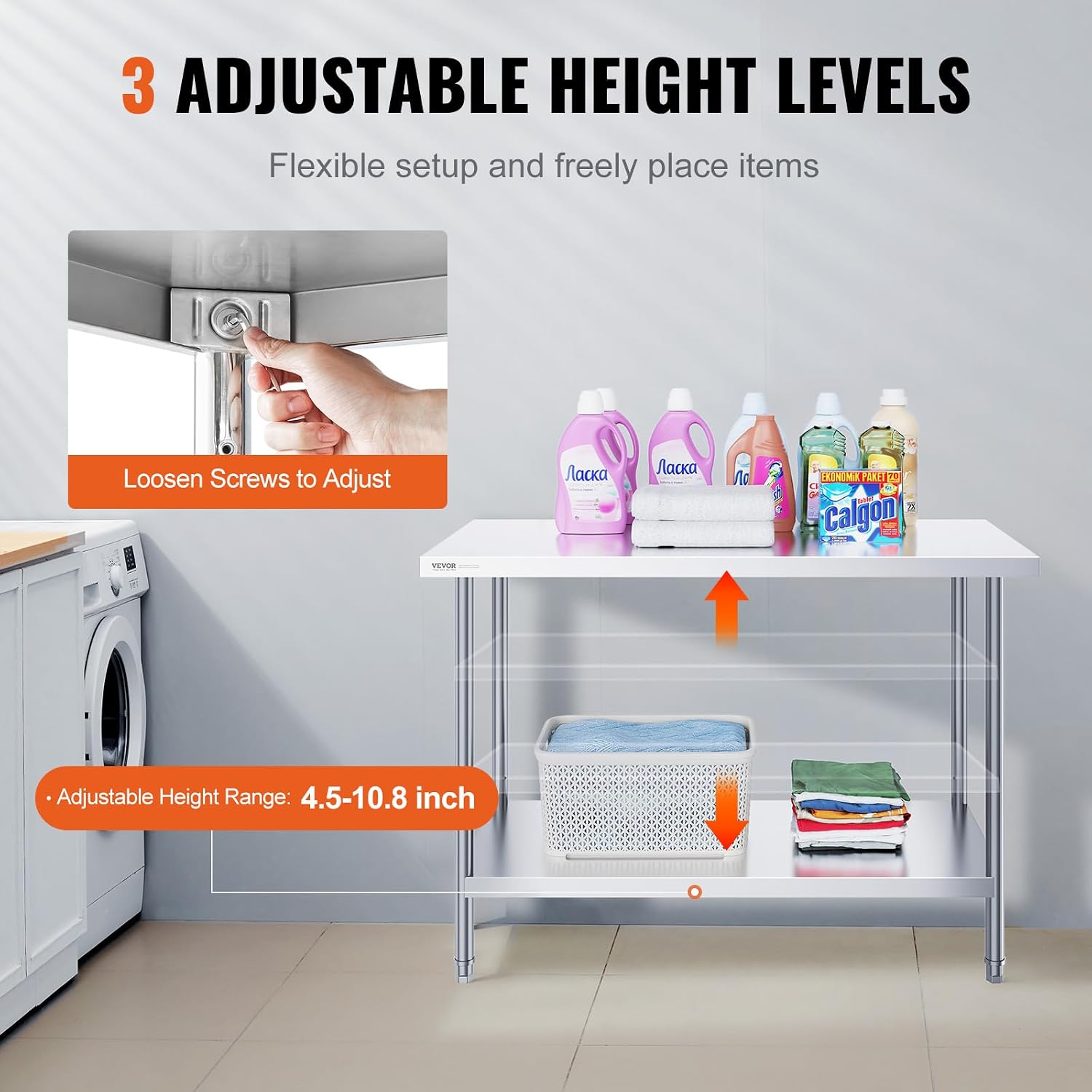 VEVOR Stainless Steel Prep Table, 24 x 48 x 34 Inch, 800 lbs Load Capacity, Heavy Duty Metal Worktable with 3 Adjustable Height Levels, Commercial Workstation for Kitchen Garage Restaurant Backyard