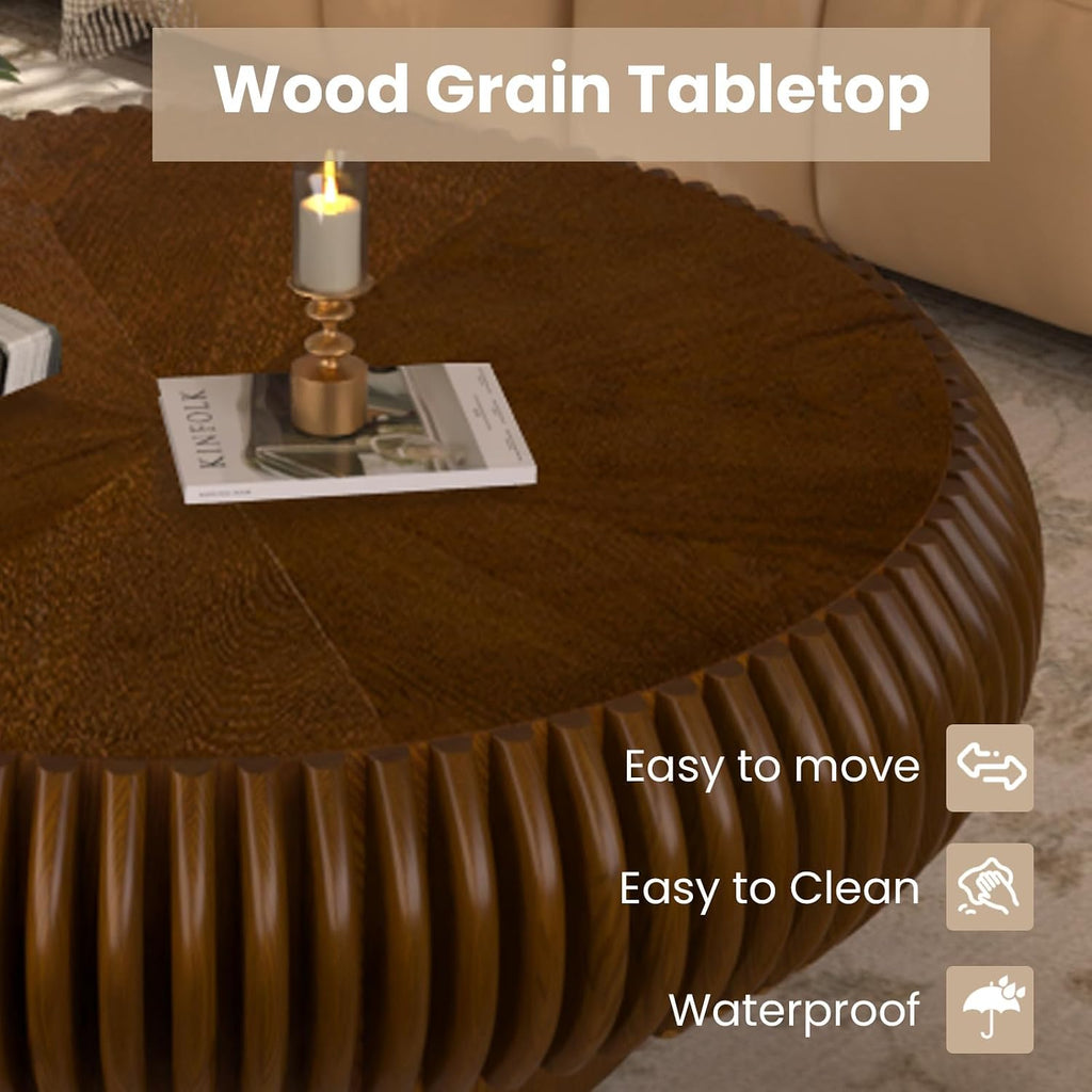 Fluted Drum Coffee Table Round Coffee Table for Living Room Mid Century Modern Coffee Tables with Sturdy Pedestal Circle Center Tea Table Accent Tea Table for Small Space Apartment (31.5' Walnut)
