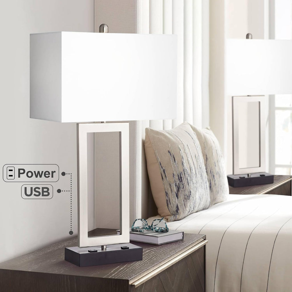 360 Lighting Todd 30' Tall Large Rectangular Modern End Table Lamps Set of 2 USB Port AC Power Outlet Silver Brushed Nickel Finish Metal Living Room Charging Bedroom Bedside Nightstand House