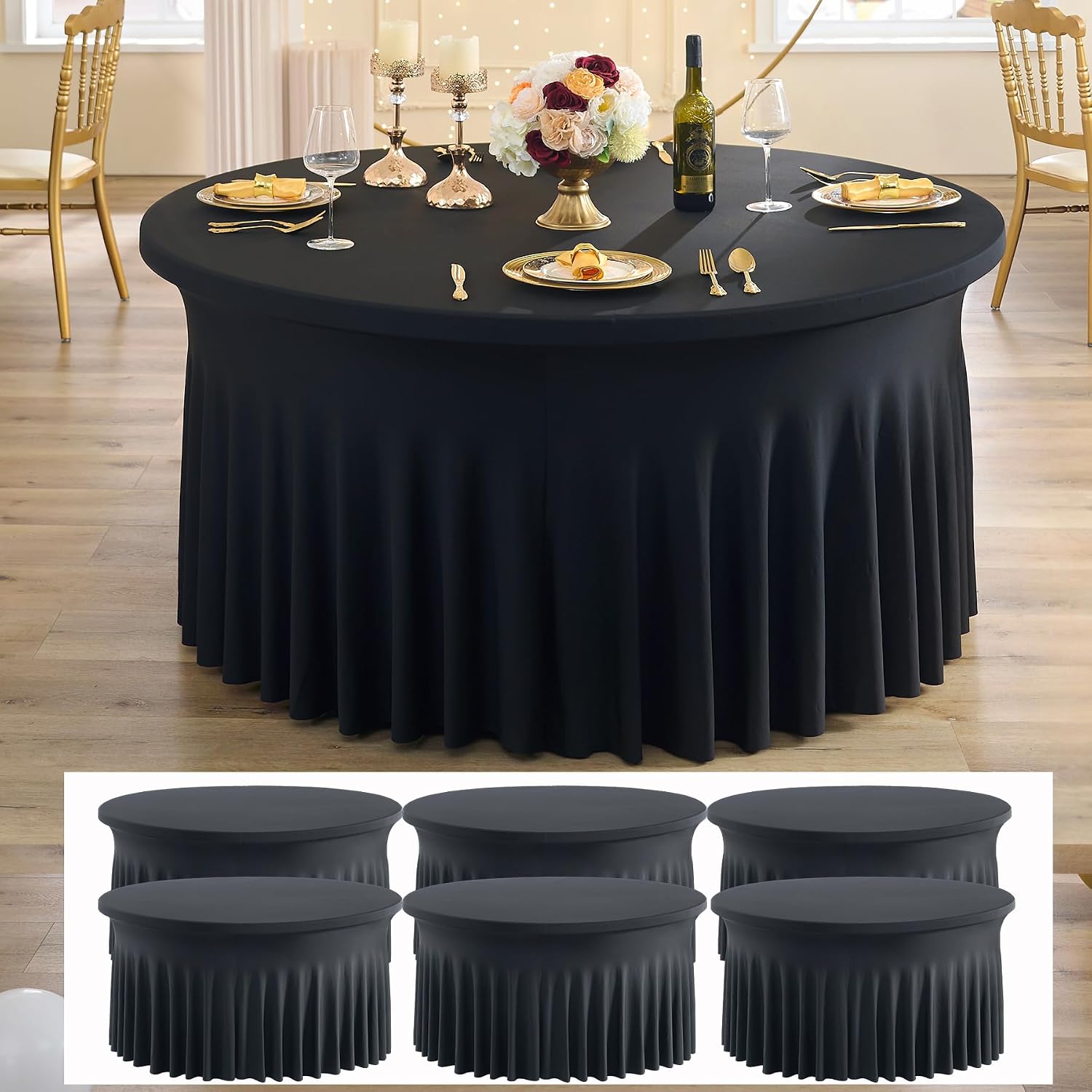 6 pk Black Spandex Round Tablecloth 72 in with Ruffled Skirt,Wrinkle Free High-Stretch 132 inch Fitted 6ft Table Cloths Round Elastic Spandex Table Covers 6ft for Party Banquet Graudation Dinning