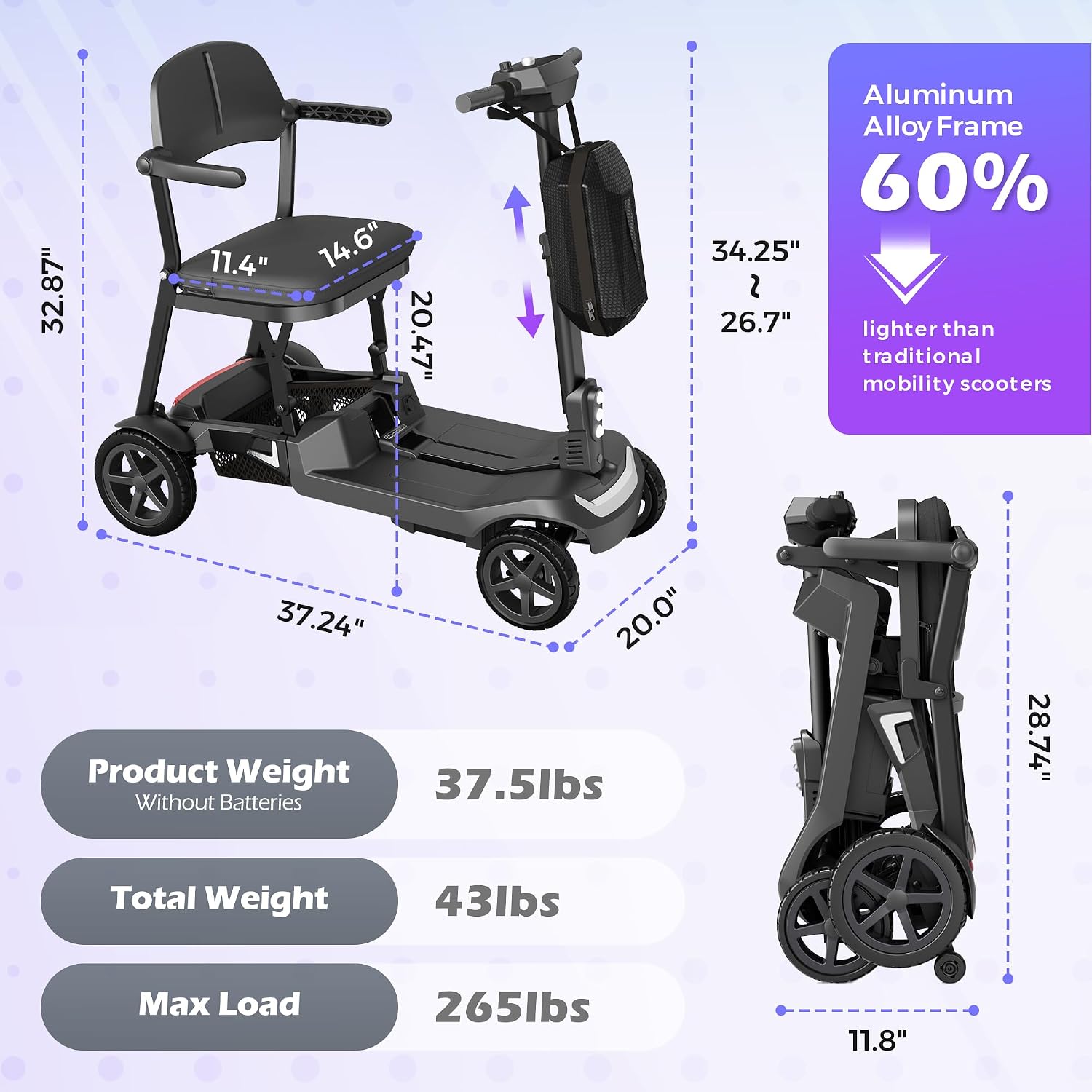 Lightweight Mobility Scooter for Seniors & Adults - 37.5lb Aluminum Frame, Dual Batteries 24.8 Miles Range, Cruise & Airline Approved, Foldable Portable Motorized Scooters, No Assembly Needed, Black