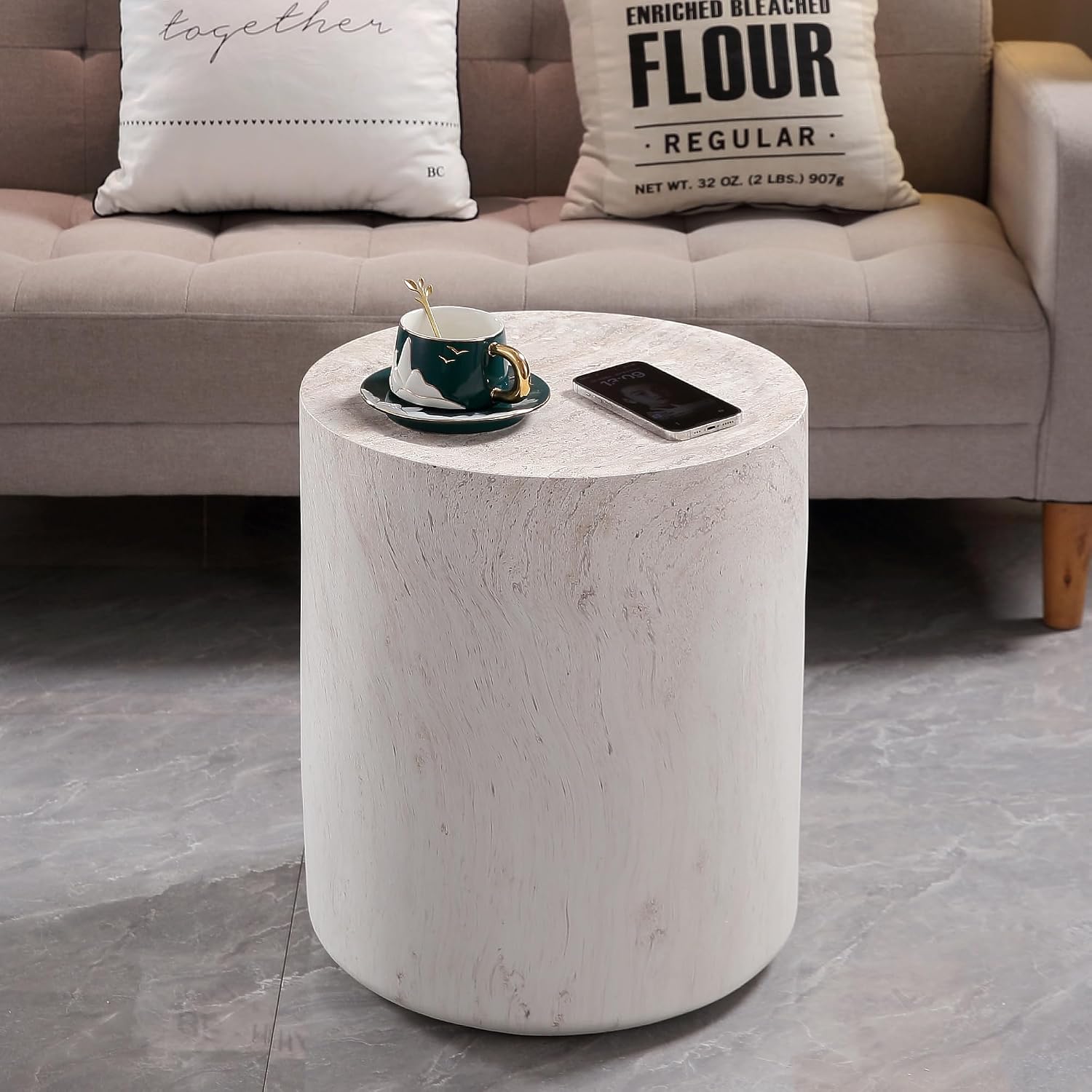 WILLIAMSPACE 15.75' Round End Table in Faux Marble, Modern Circle Drum Stone Side Table Travertine Small Coffee Table for Living Room, Outdoor, Magnesium Oxide, No Need Assembly, Light Beige