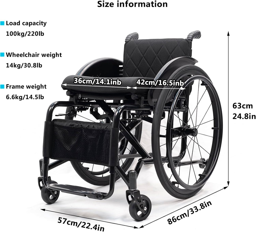 Wheelchair,Folding Transport Wheelchair,Solid Tire Sport Wheelchair,Light Weight Wheelchair,Aluminum Alloy Wheelchair,Self-propelled Manual Wheelchairs,Mobility Aids for Adult(Seat Width 36cm)