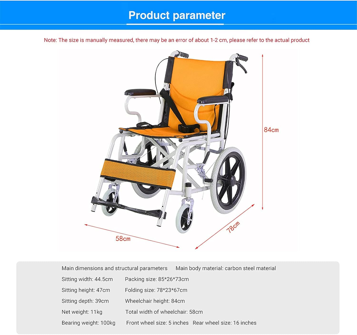 Wheelchairs Folding Wheelchairs,Folding Wheelchair Small and Convenient Travel Foldable 11Kg Small Wheel Explosion-Proof Tire Hand-Push Type Mobility Scooter for The Elderly with Disabiliti