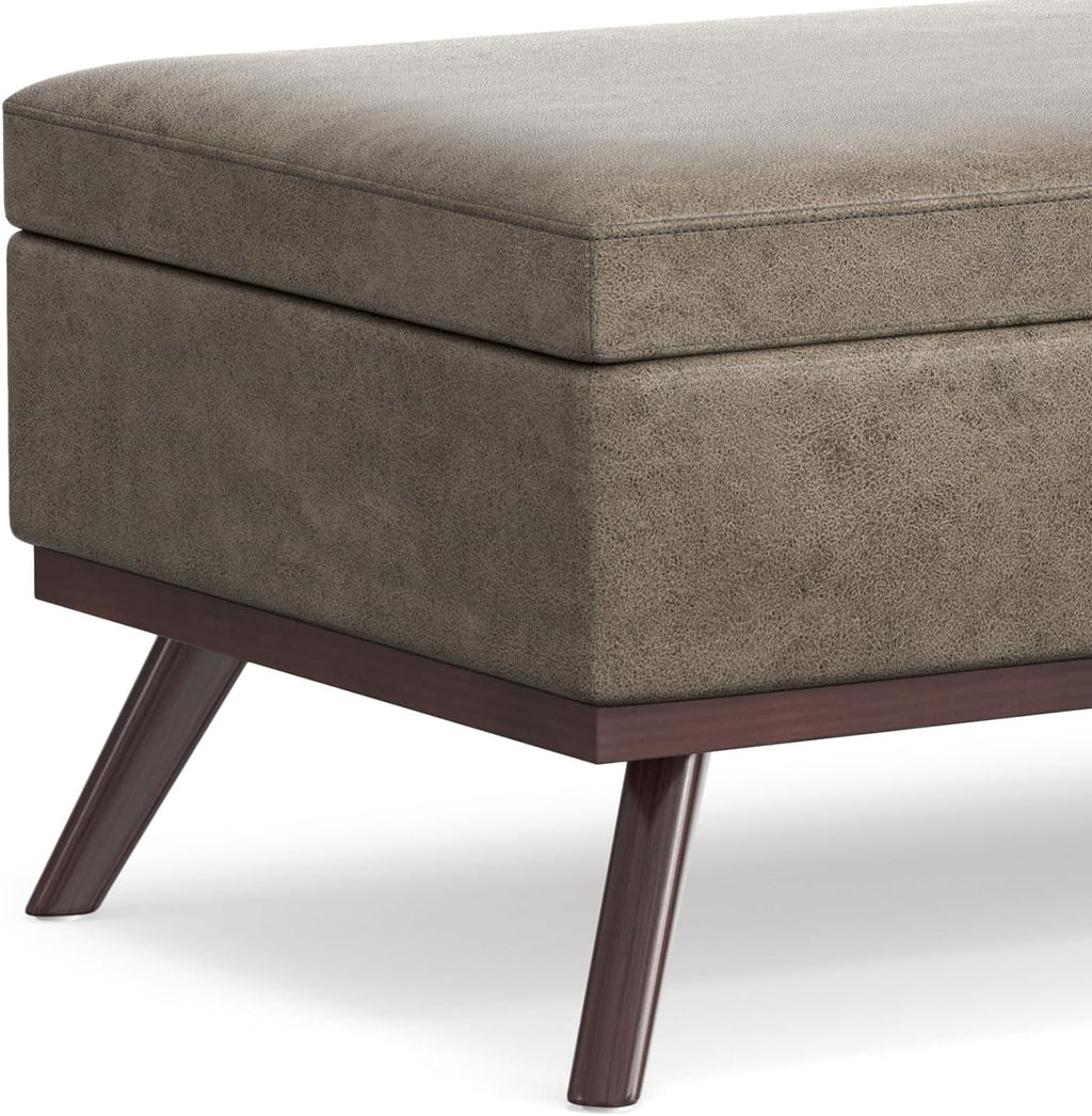 SIMPLIHOME Owen Lift Top Coffee Table Storage Ottoman - 42 inch Wide Upholstered Vegan Leather Rectangular Lift-Top Ottoman in Distressed Smoky Grey Brown, Mid-Century Modern Ottoman for Living Room