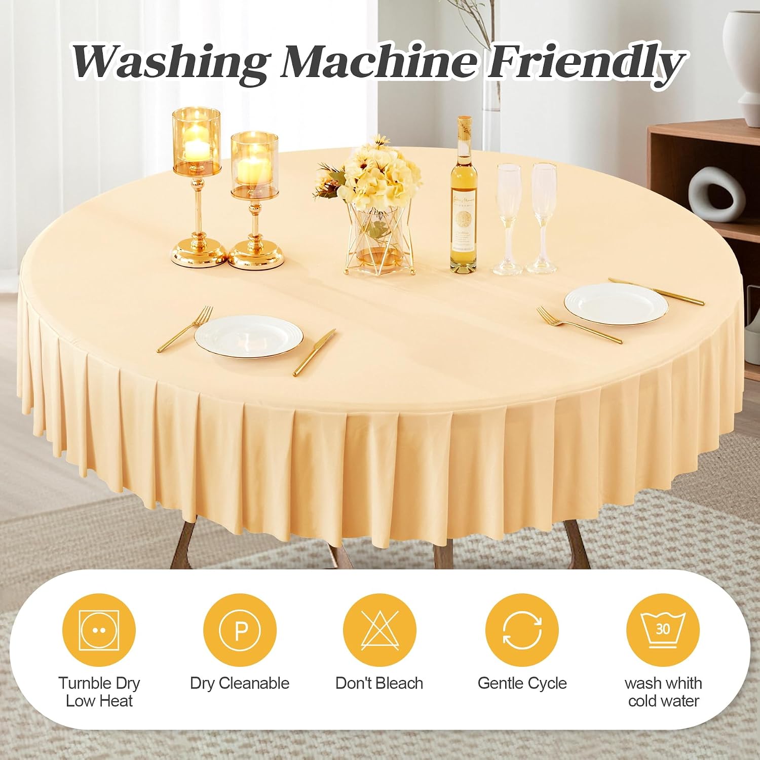 6 Pack Champagne Spandex Round Tablecloths for 60 inch Tables, Stretchy Fitted 5FT Round Table Cloth with Skirt for Wedding Party Dining Banquet
