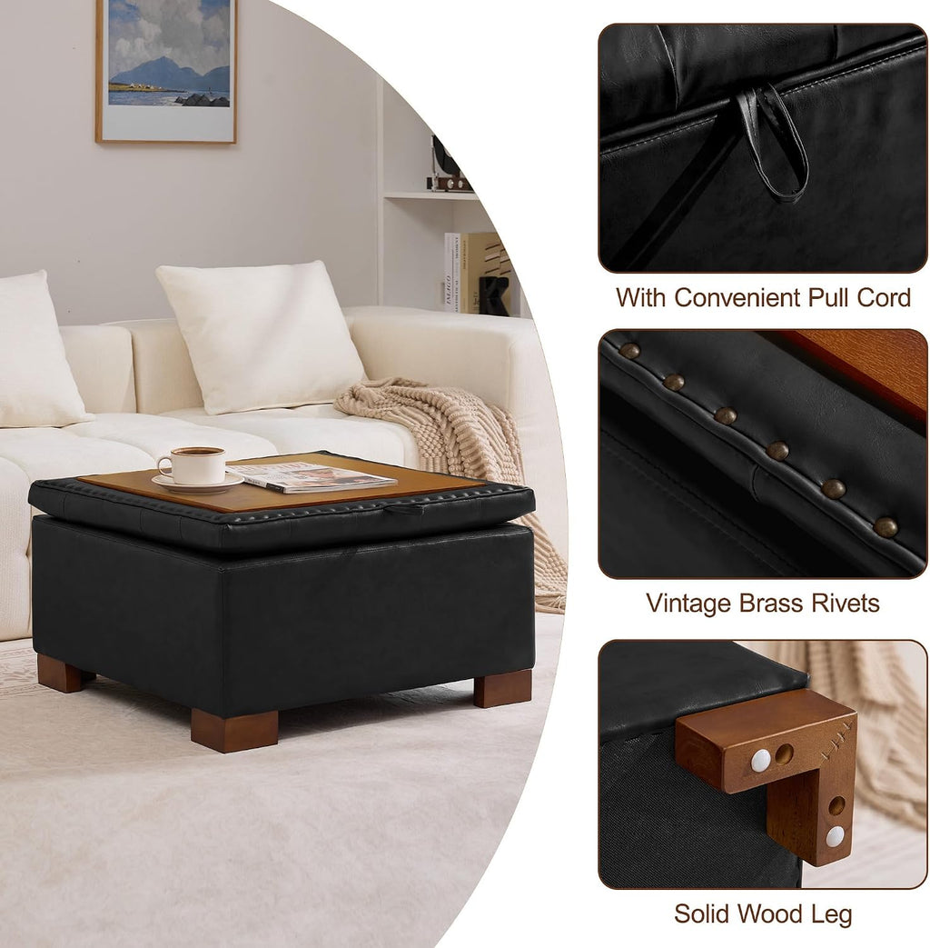 WUTUTUEE 30' Faux Leather Square Storage Ottoman with Wooden Tray, Modern Tufted Button Footstool Coffee Table, Upholstered Large Ottoman for Living Room, Bedroom, Black