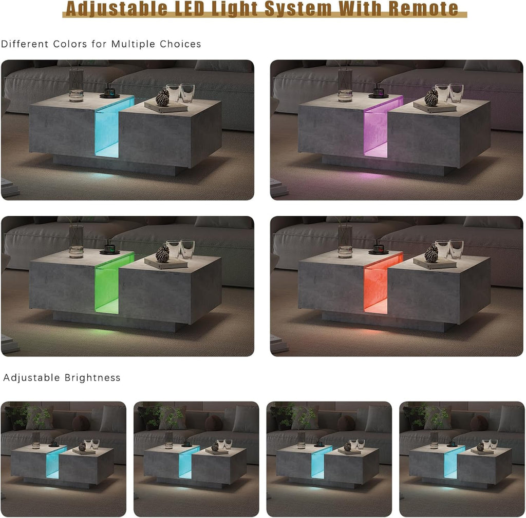 HedoAjim Grey Led Coffee Table for Living Room, Rectangular Living Room Table with Storage, Acrylic Coffee Tables with 2 Sliding Drawers, Wood Center Table for Reception Dinning Room