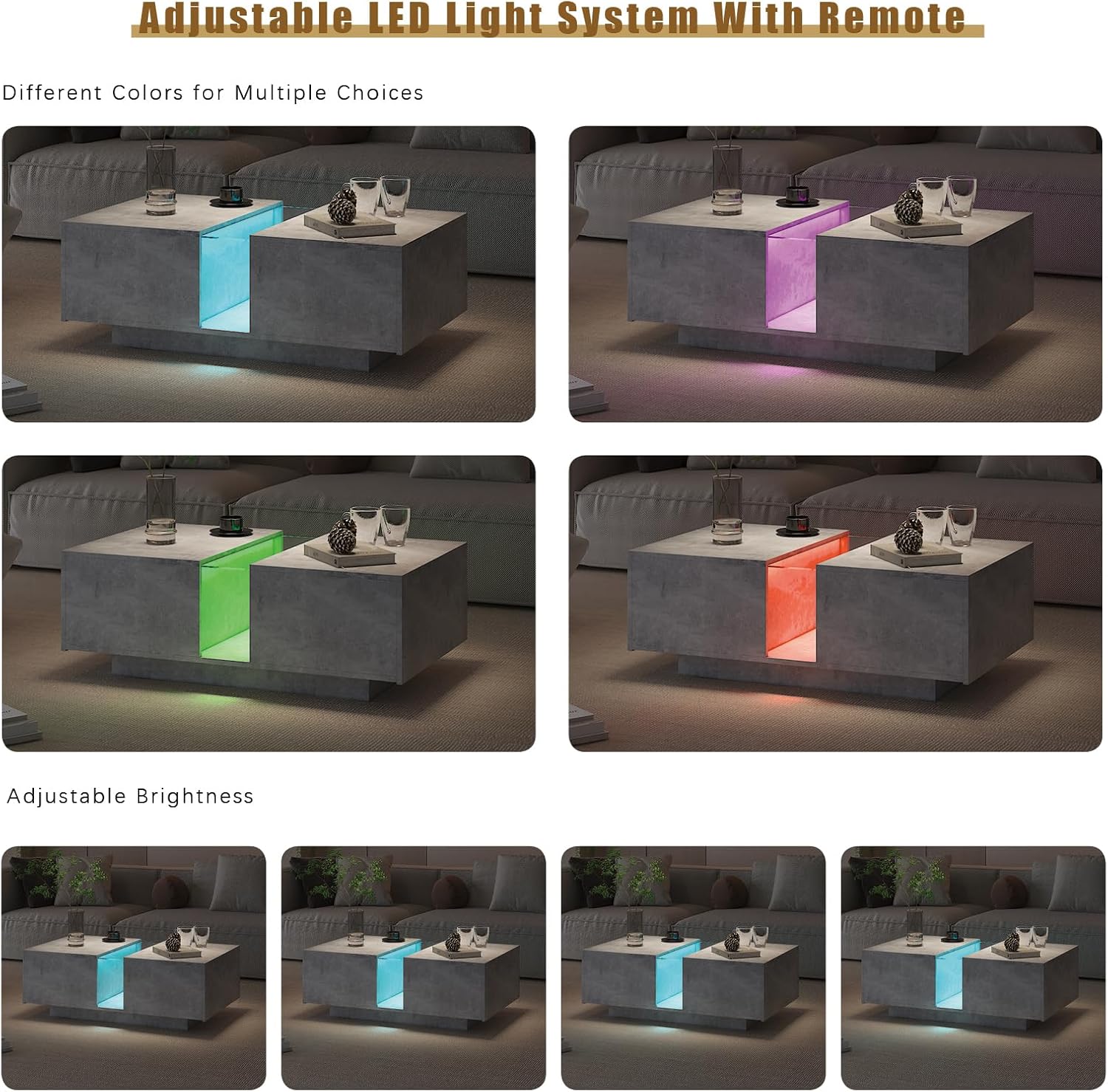 HedoAjim Grey Led Coffee Table for Living Room, Rectangular Living Room Table with Storage, Acrylic Coffee Tables with 2 Sliding Drawers, Wood Center Table for Reception Dinning Room