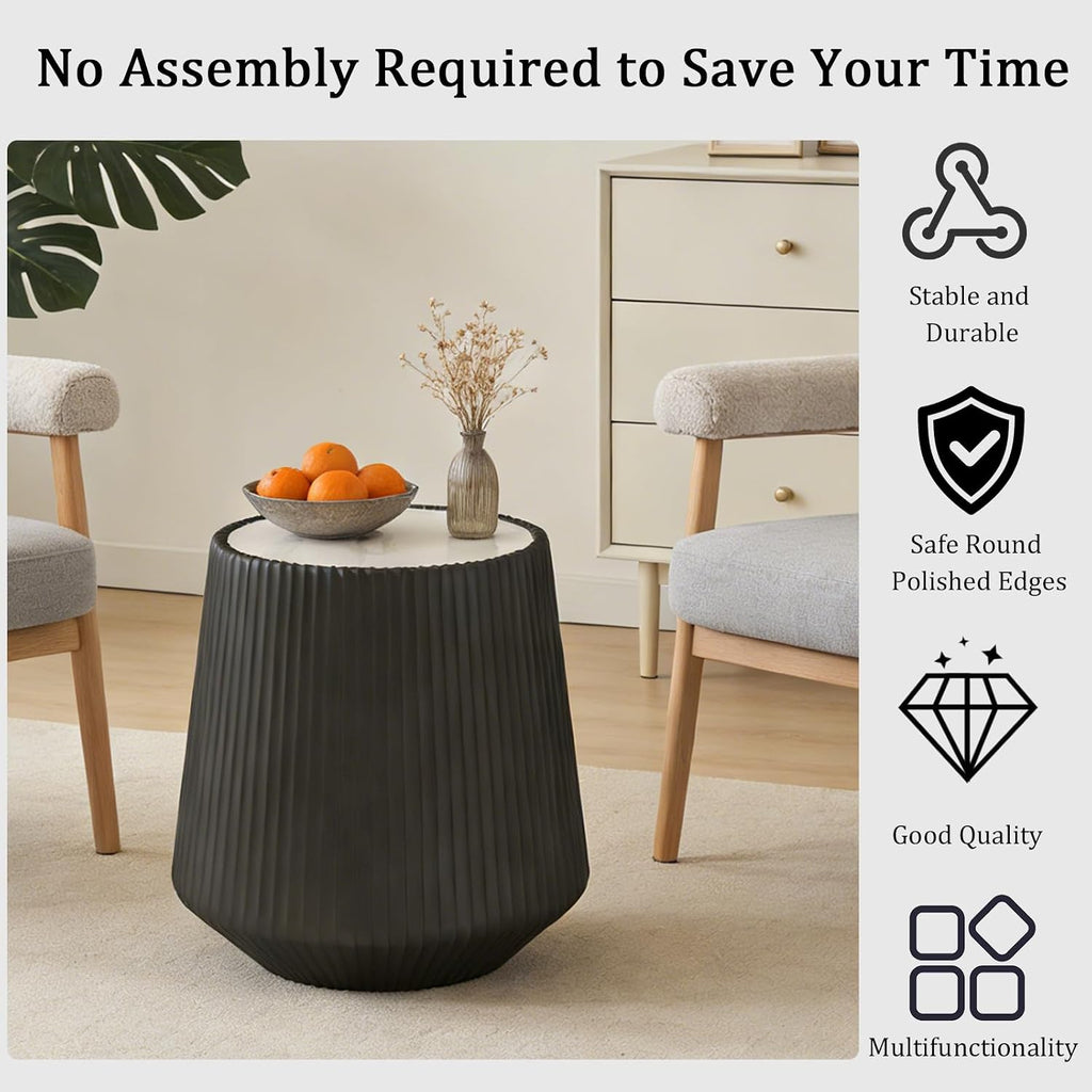 Round Coffee Table Set with Sintered Stone Tabletop, 26.77' White Drum Center Table and 19.68' Black Coffee Table Set, 2 Pieces Living Room Table Set with Fluted PU Leather Cover& Stable Base