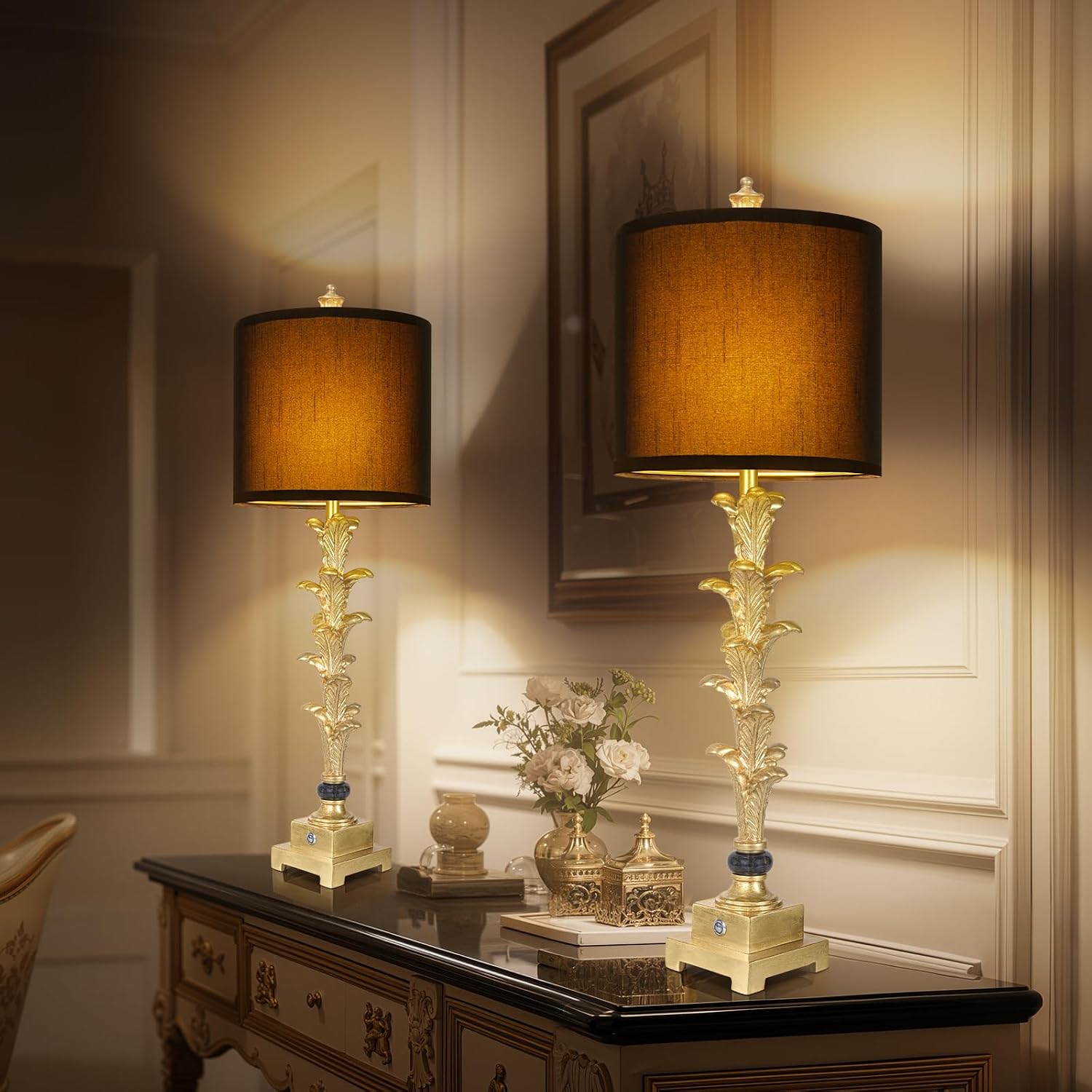 Table Lamps Set of 2 for Living Room, 3-Way Dimmable Touch Buffet Lamps with USB A+C Ports, Gold Leaf Finish Bedside Lamps with Black Linen Shades, Modern Nightstand Lamp for Bedroom Office Entryway