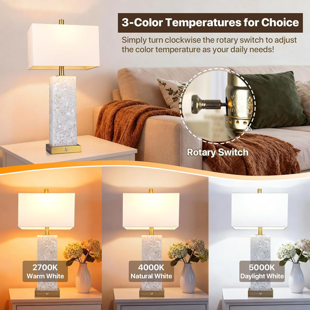 2-Pack 25.6' Alabaster Lamps, Marble Lamp Nightstand Lamps Set of 2, 3-Color Temperatures Bedside Lamps with Nightlight, Modern Table Lamp with USB Ports for Living Room Bedroom Hotel, Bulbs Included