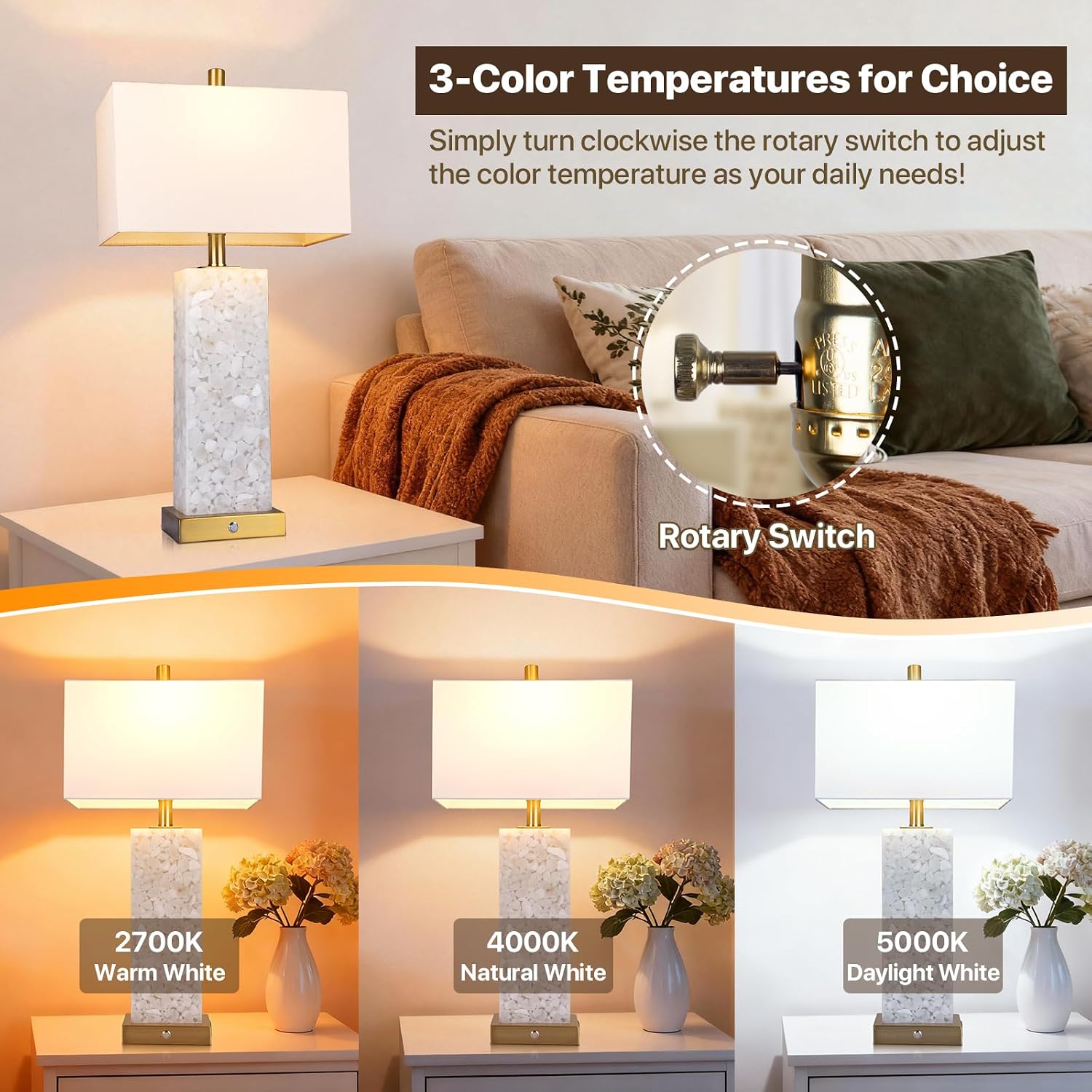 2-Pack 25.6' Alabaster Lamps, Marble Lamp Nightstand Lamps Set of 2, 3-Color Temperatures Bedside Lamps with Nightlight, Modern Table Lamp with USB Ports for Living Room Bedroom Hotel, Bulbs Included