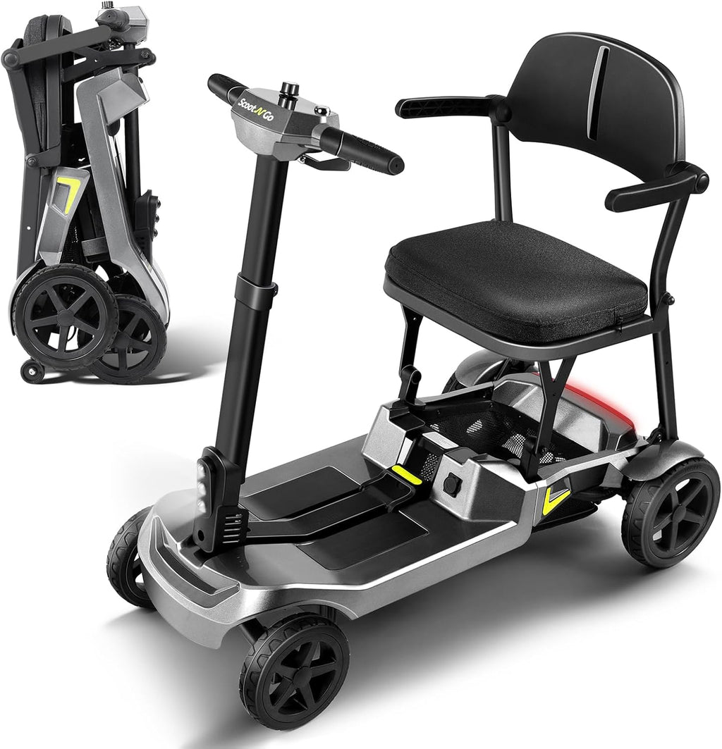 SCOOTNGO Mobility Scooters for Seniors, 4 Wheel Foldable Lightweight Airline Approved Mobility Scooter for Adults, Dual Batteries, Portable, No Assembly Needed (Silver Grey, Standard)