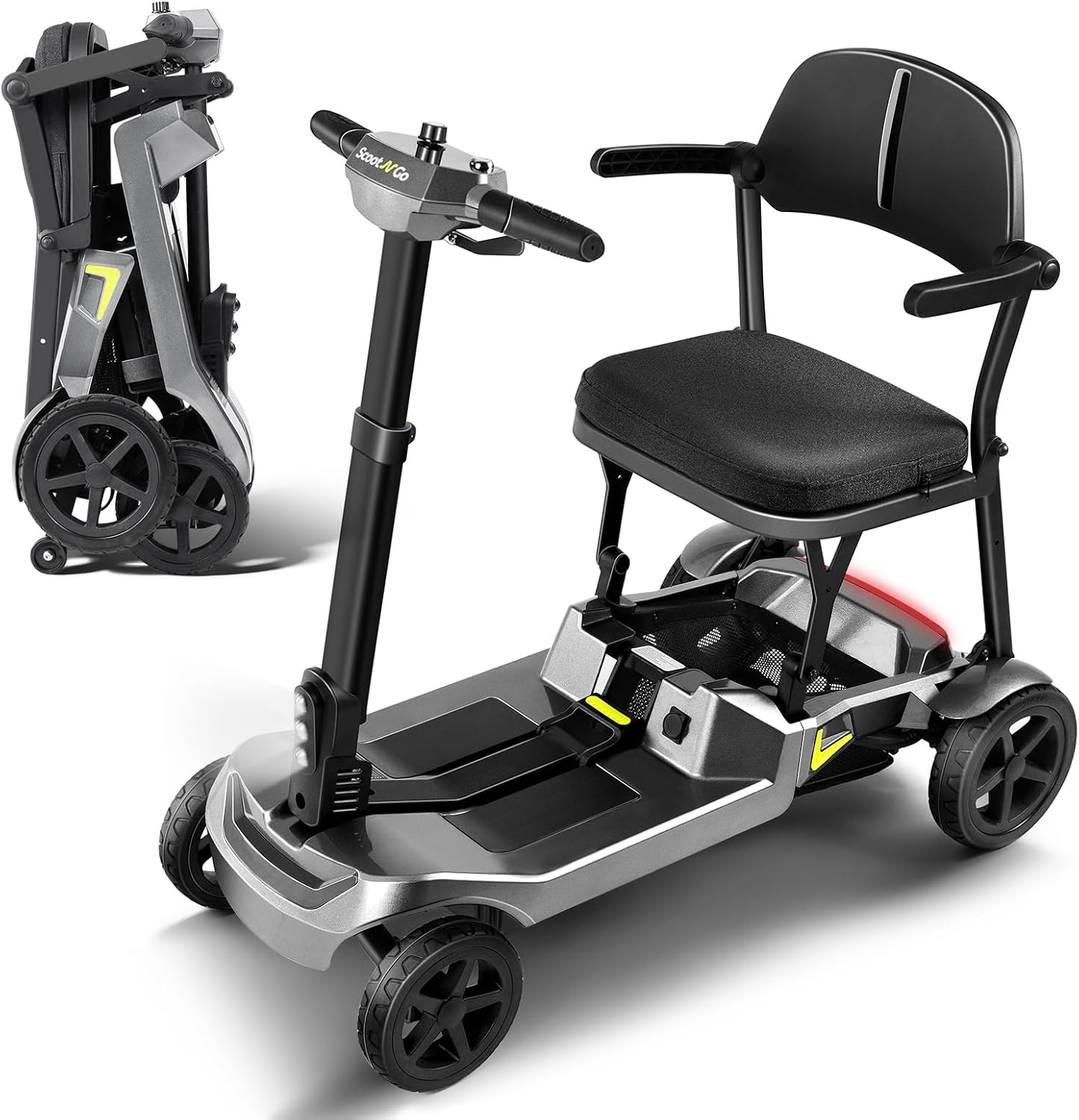 SCOOTNGO Mobility Scooters for Seniors & Adults, 4 Wheel Foldable Lightweight Airline Approved, Dual Removable Batteries, Portable for Travel, No Assembly Needed (Silver Grey, Classic)