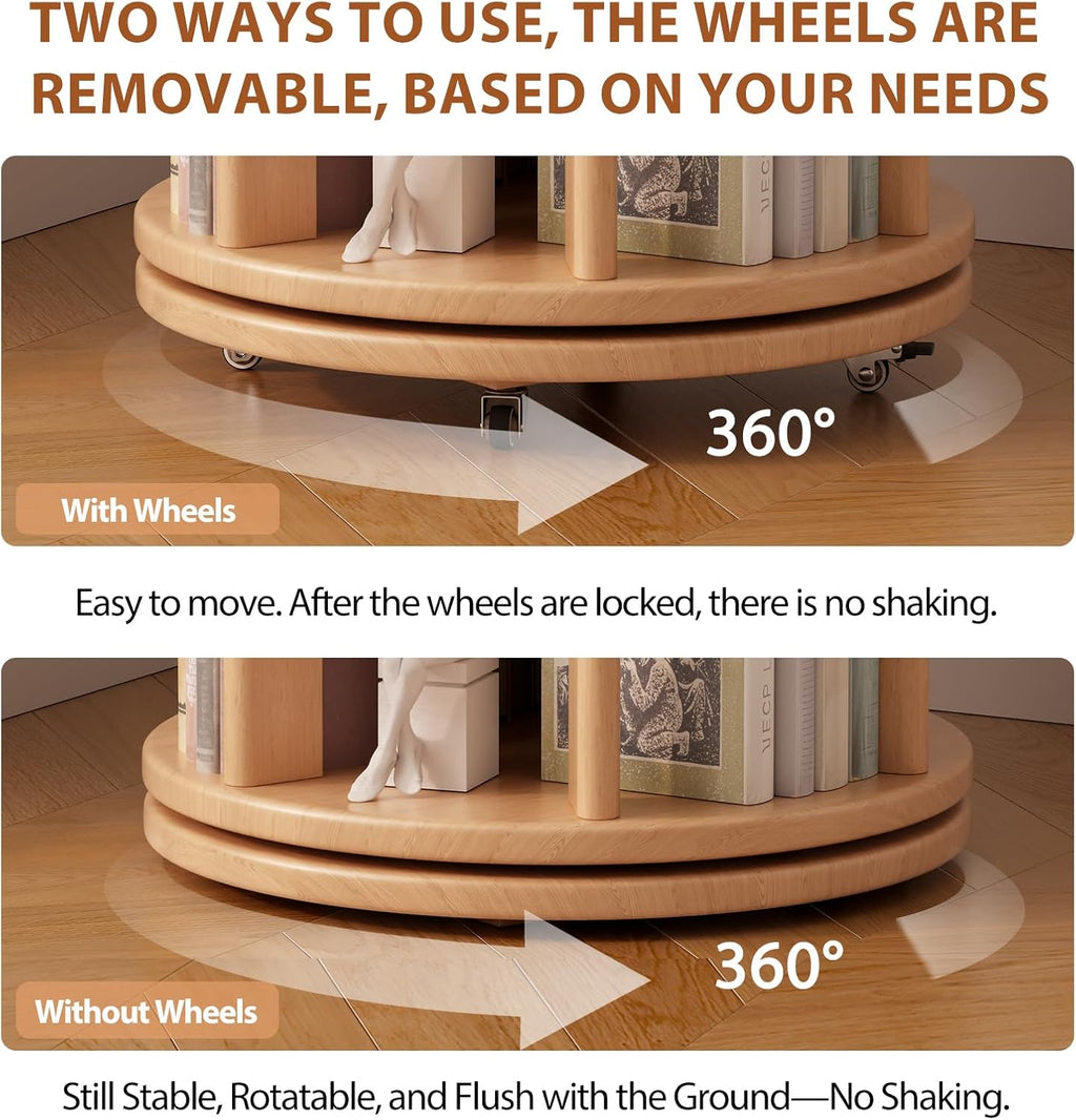 Muwuele Solid Wood Rotating Bookshelf on Wheels, 6 Tier, Round Revolving Bookcase, 360° Spinning Book Shelf Tower for Kids, Narrow Rolling Bookshelves for Small Space, Corner, Bedroom, Office, Natural