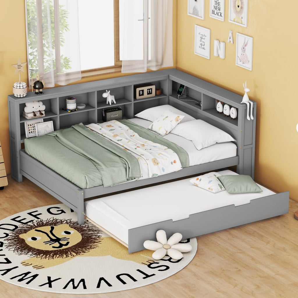 Full Size Daybed with Storage Bookcase, Twin Trundle and Charging Station, Wooden Platform Bed with Bookshelf for Kids Boys Girls, Grey