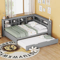 Full Size Daybed with Storage Bookcase, Twin Trundle and Charging Station, Wooden Platform Bed with Bookshelf for Kids Boys Girls, Grey