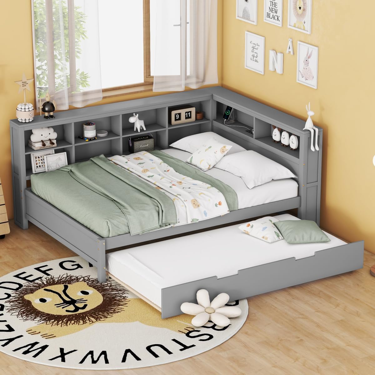 Full Size Daybed with Storage Bookcase, Twin Trundle and Charging Station, Wooden Platform Bed with Bookshelf for Kids Boys Girls, Grey