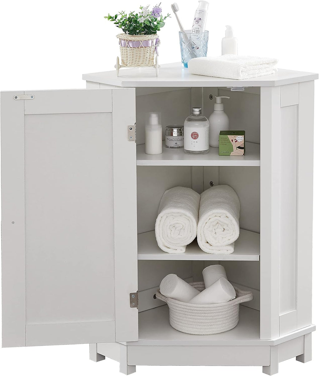 Home Corner Storage Cabinet, Bathroom Triangle Floor Cabinet, Wood Freestanding Corner Cabinet with Single Door and Shelves (White)