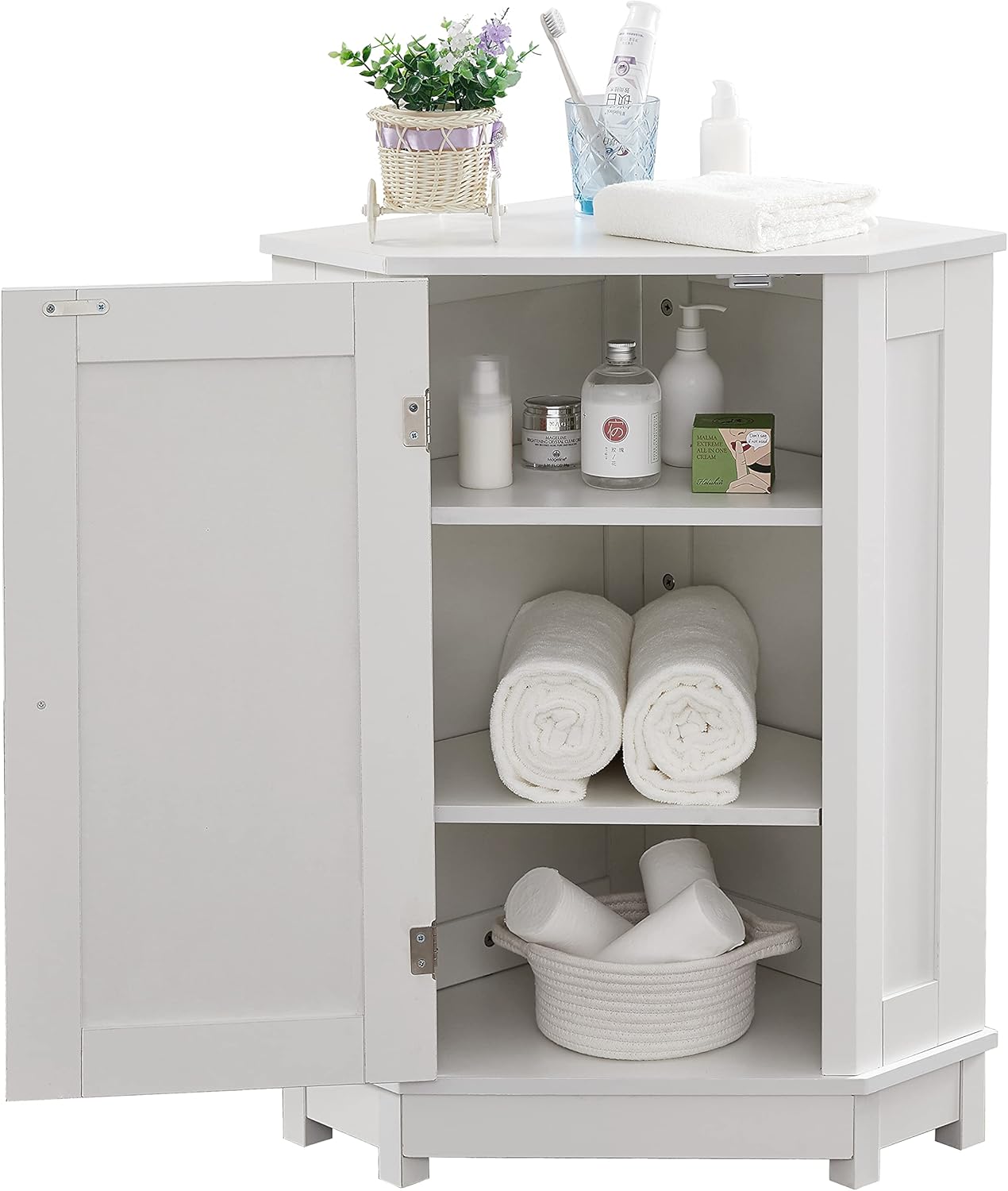 Home Corner Storage Cabinet, Bathroom Triangle Floor Cabinet, Wood Freestanding Corner Cabinet with Single Door and Shelves (White)